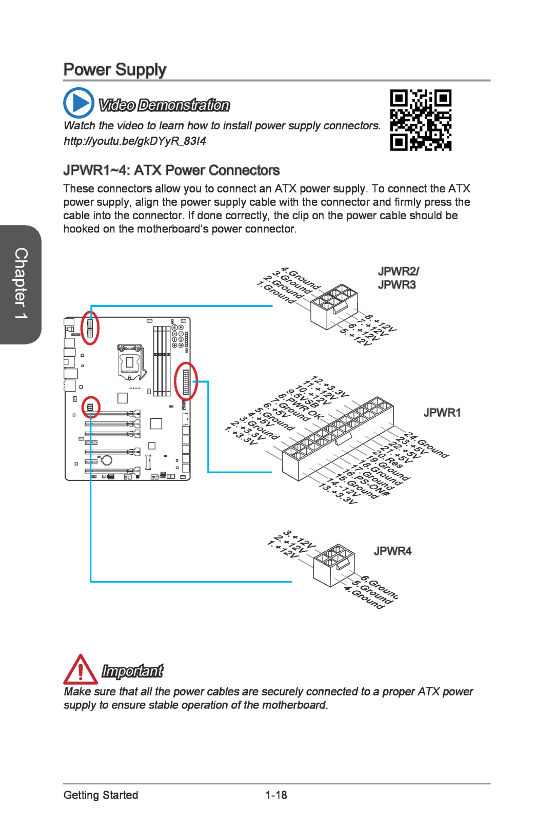 MSI Z87-XPOWER manual Power Supply, JPWR1~4 ATX Power Connectors, Chapter, Video Demonstration 