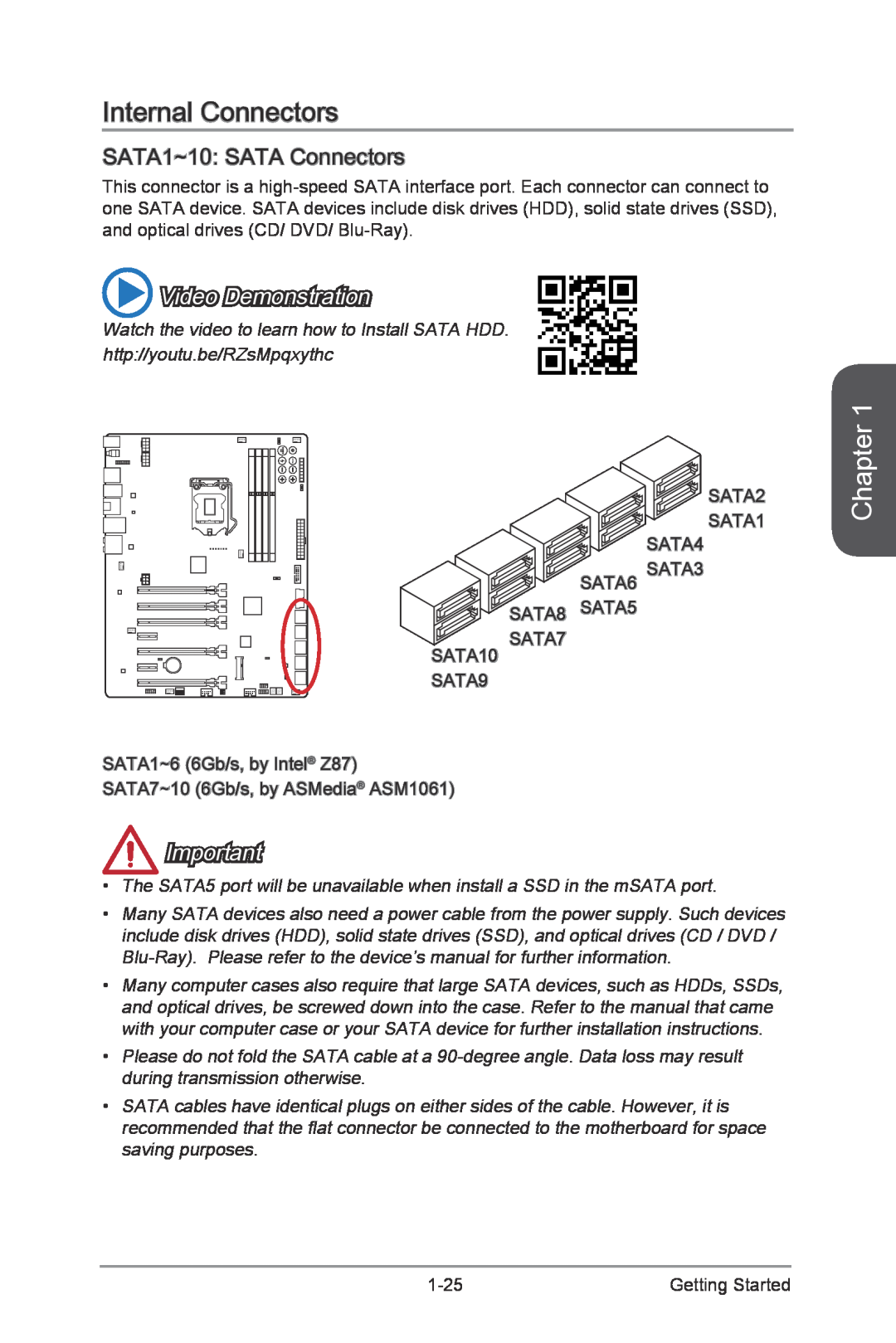 MSI Z87-XPOWER manual Internal Connectors, SATA1~10 SATA Connectors, Chapter, Video Demonstration 