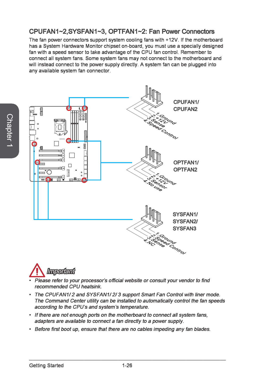 MSI Z87-XPOWER manual CPUFAN1~2,SYSFAN1~3, OPTFAN1~2 Fan Power Connectors, Chapter 