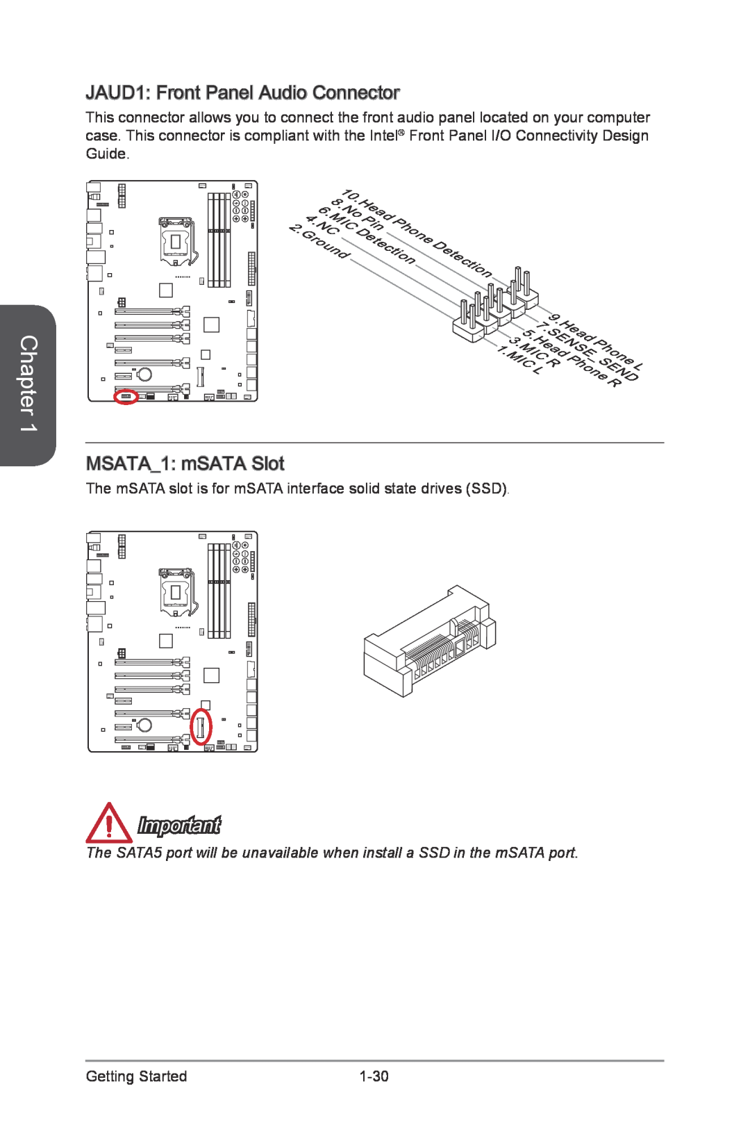 MSI Z87-XPOWER manual JAUD1 Front Panel Audio Connector, MSATA1 mSATA Slot, Chapter, Detection, Head 