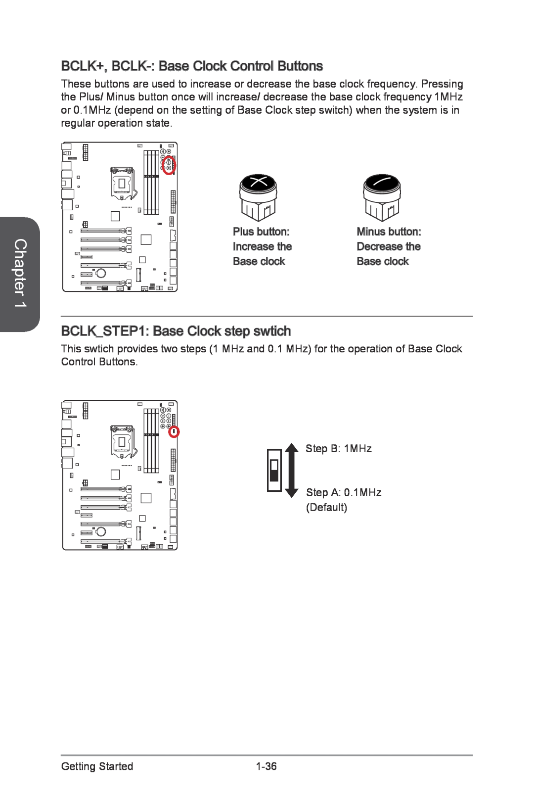 MSI Z87-XPOWER manual BCLK+, BCLK- Base Clock Control Buttons, BCLKSTEP1 Base Clock step swtich, Chapter, Minus button 