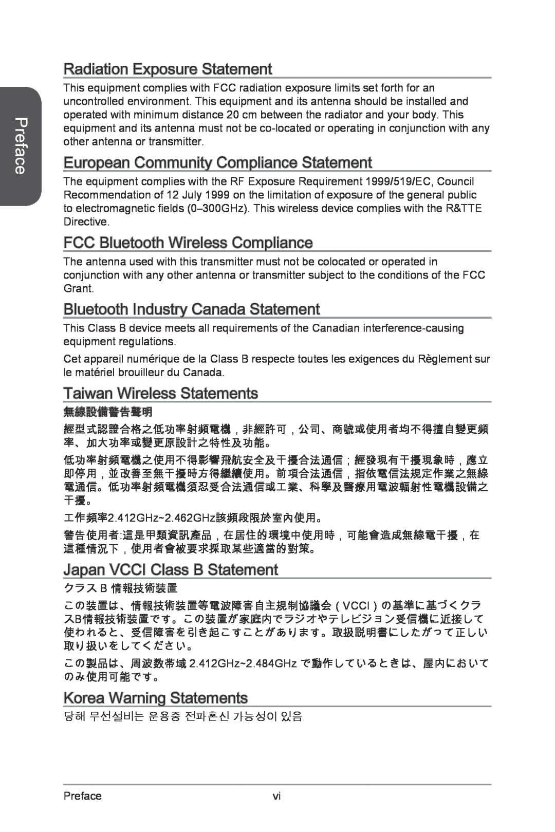MSI Z87-XPOWER Radiation Exposure Statement, European Community Compliance Statement, FCC Bluetooth Wireless Compliance 