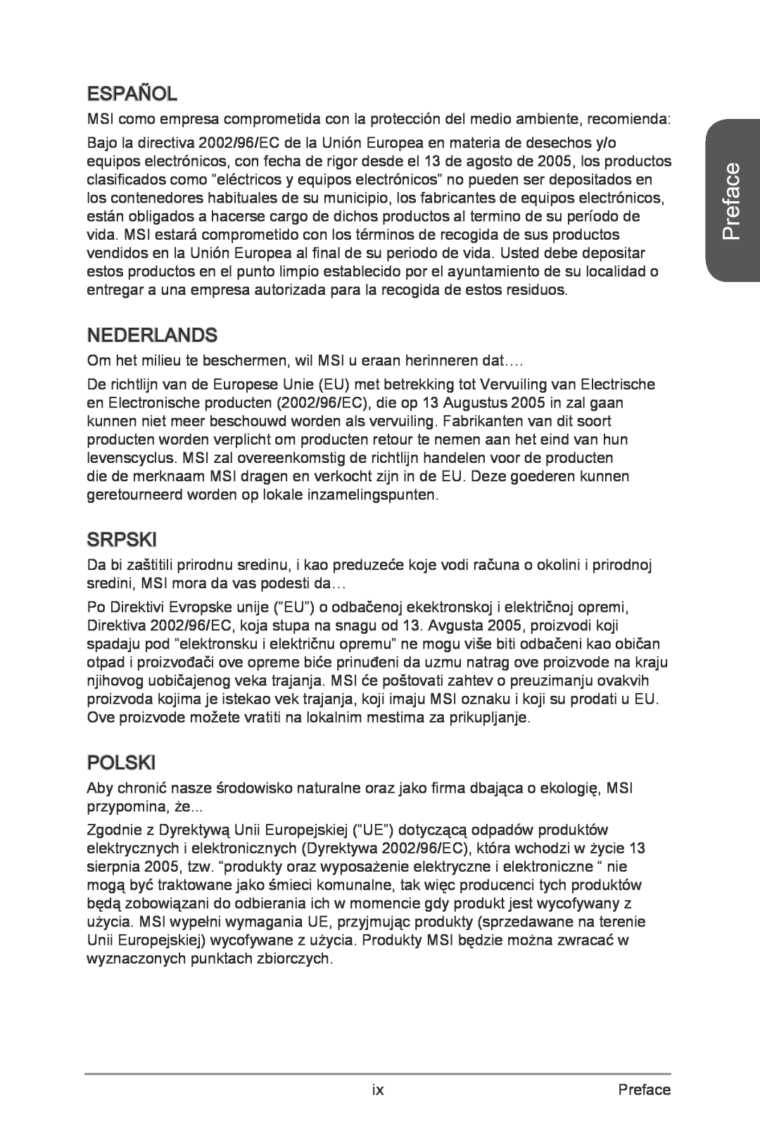 MSI Z87-XPOWER manual Español, Nederlands, Srpski, Polski, Preface 