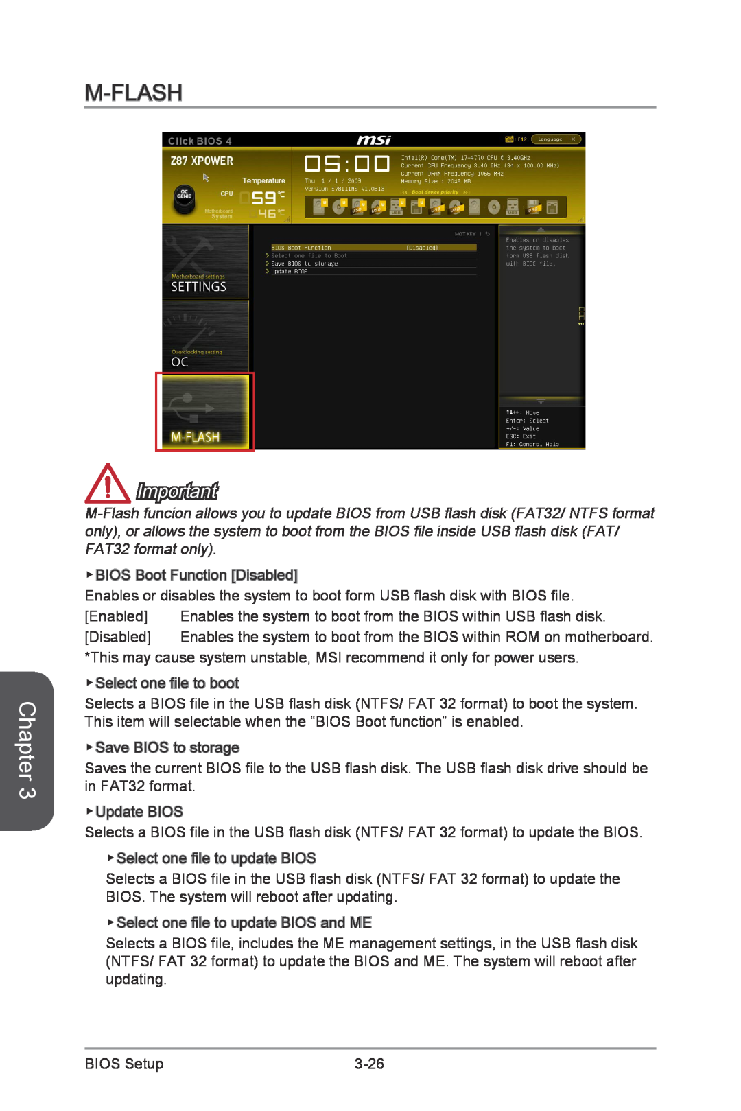 MSI Z87-XPOWER manual M-Flash, Chapter, Enables the system to boot from the BIOS within ROM on motherboard 