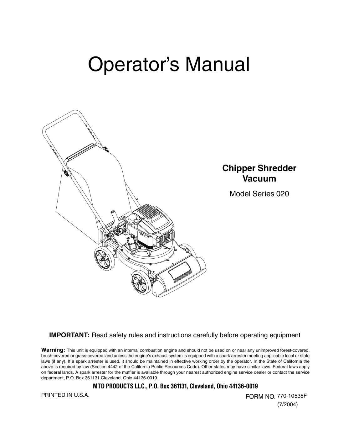 MTD 020 manual Operator’s Manual, MTD Products LLC., P.O. Box 361131, Cleveland, Ohio 