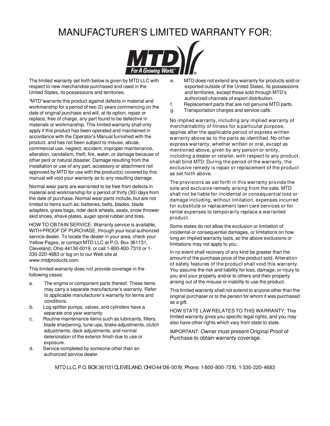 MTD 020 manual MANUFACTURER’S Limited Warranty for 