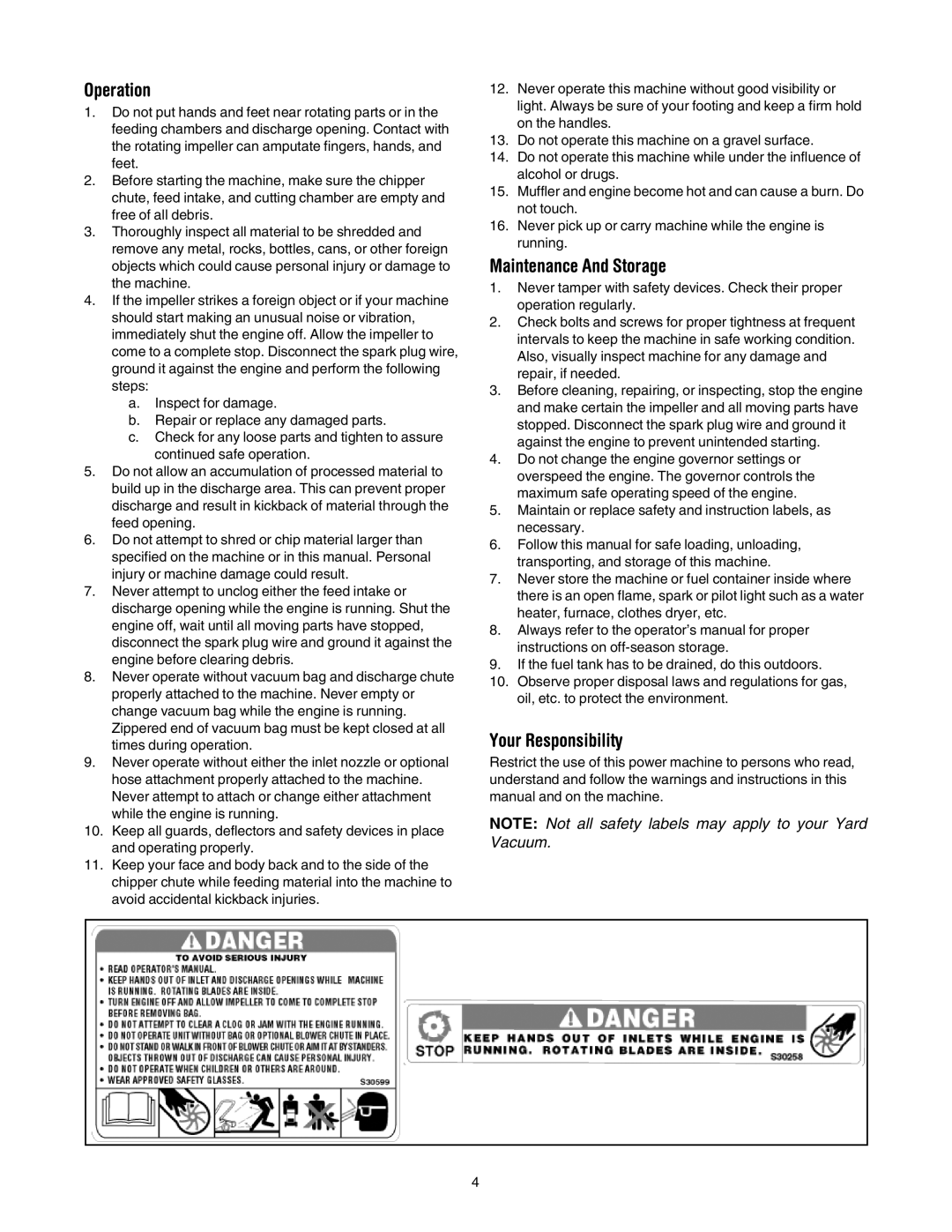 MTD 020 manual Operation, Maintenance And Storage, Your Responsibility 