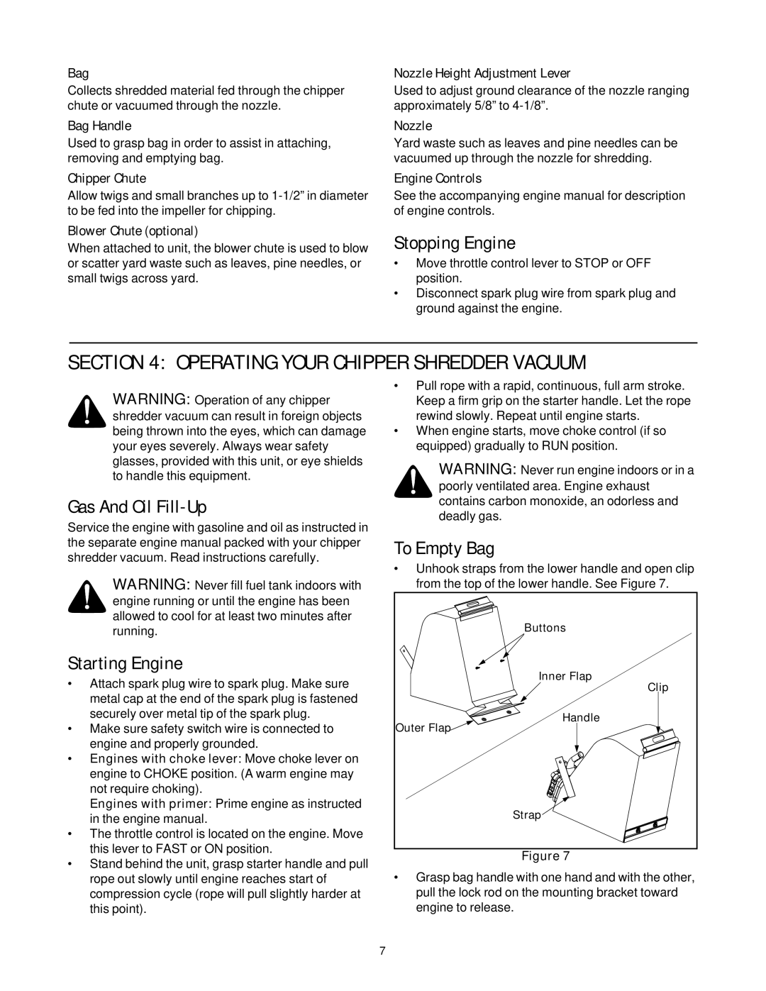 MTD 020 manual Operating Your Chipper Shredder Vacuum, Stopping Engine, Gas And Oil Fill-Up, Starting Engine, To Empty Bag 