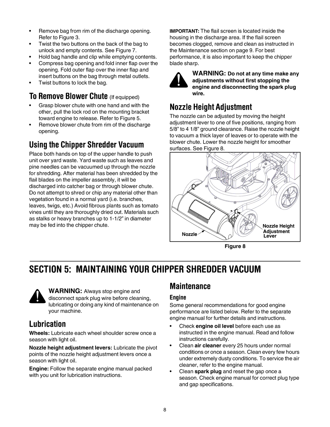 MTD 020 manual Maintaining Your Chipper Shredder Vacuum, To Remove Blower Chute If equipped, Nozzle Height Adjustment 