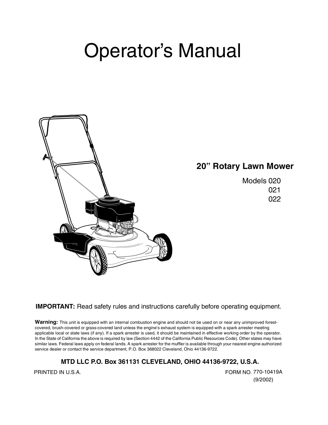 MTD 022, 021 manual Operator’s Manual 