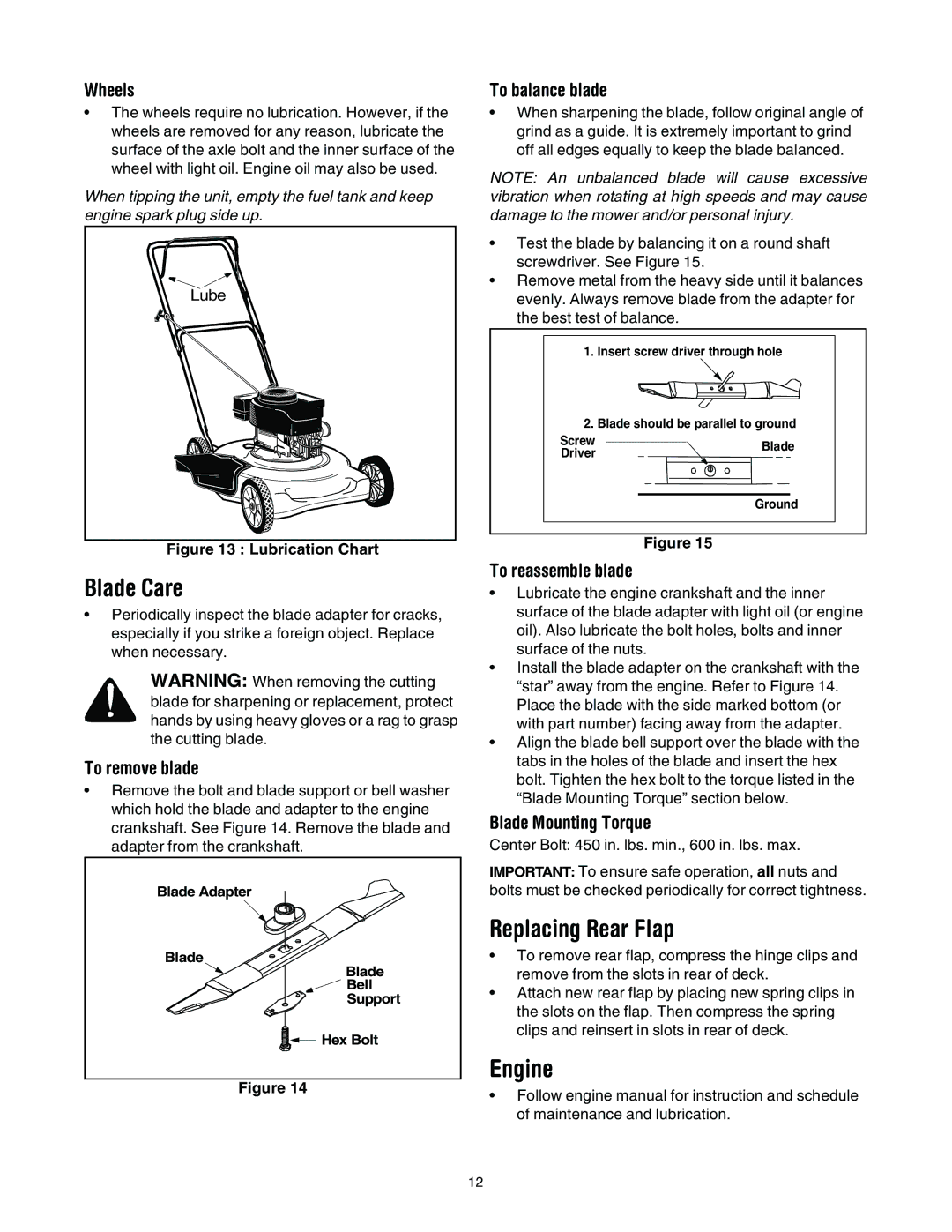 MTD 021, 022 manual Blade Care, Replacing Rear Flap, Engine 