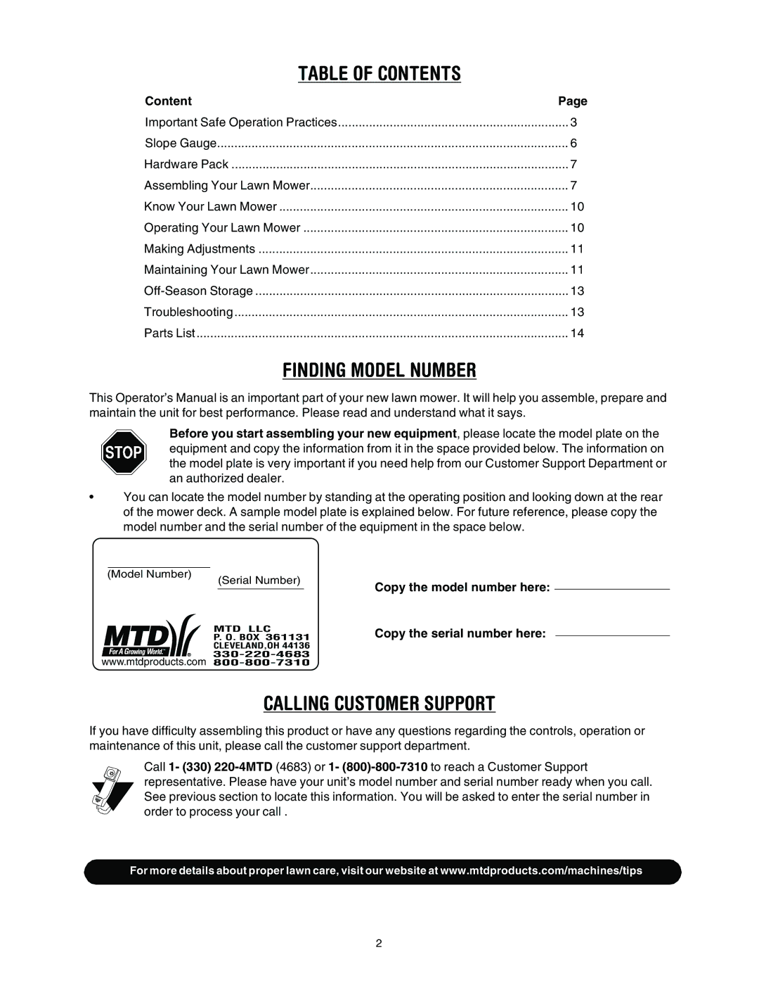 MTD 021, 022 manual Table of Contents 