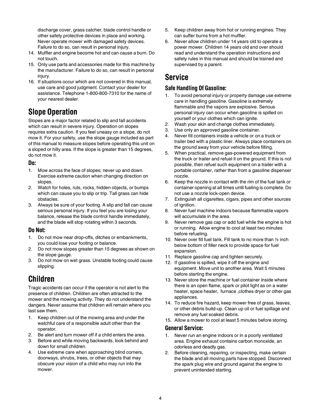 MTD 021, 022 manual Slope Operation, Children, Service 