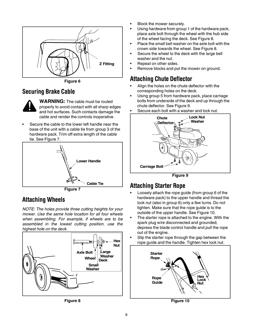 MTD 022, 021 manual Attaching Chute Deflector, Securing Brake Cable, Attaching Wheels, Attaching Starter Rope 