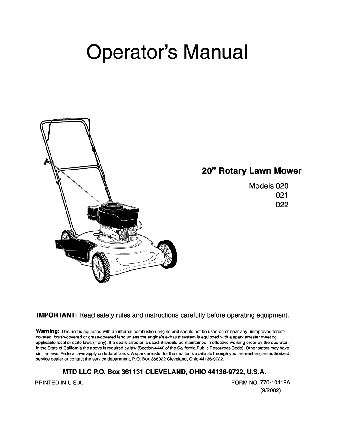 MTD 022 manual MTD LLC P.O. Box 361131 CLEVELAND, OHIO 44136-9722, U.S.A, Operator’s Manual, 20” Rotary Lawn Mower, Models 