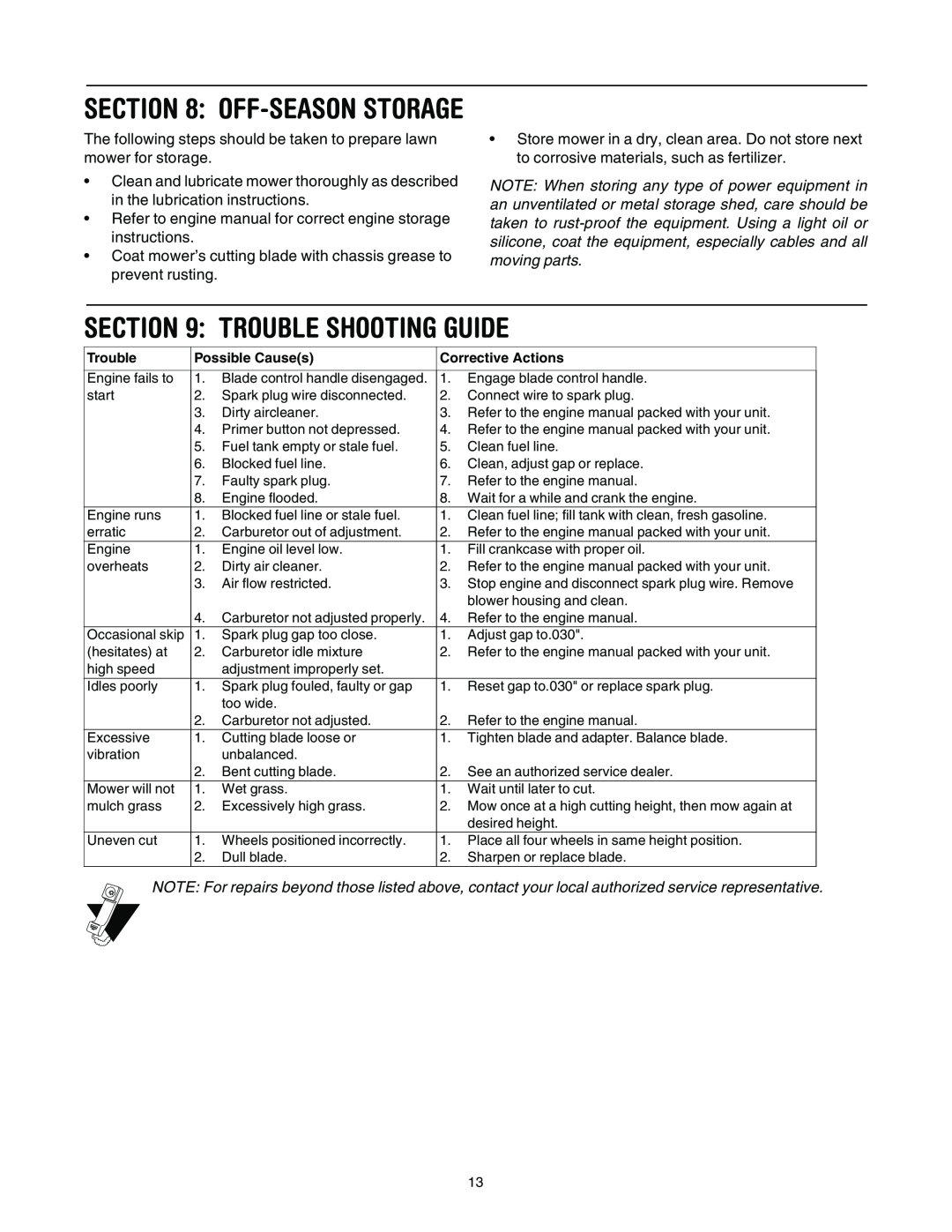 MTD 022, 021 manual Trouble Shooting Guide, Off-Season Storage 