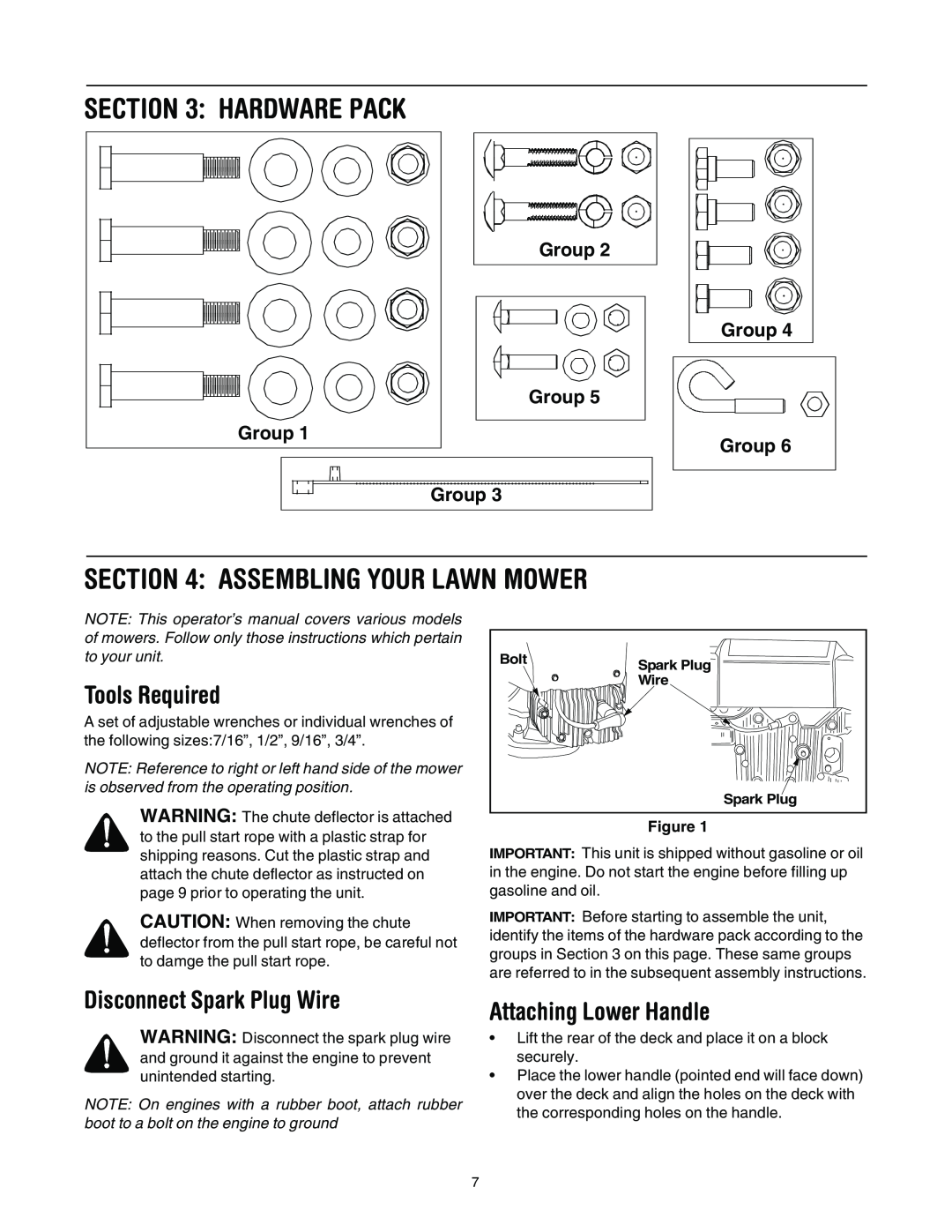 MTD 022, 021 manual Assembling Your Lawn Mower, Tools Required, Disconnect Spark Plug Wire, Attaching Lower Handle, Group 