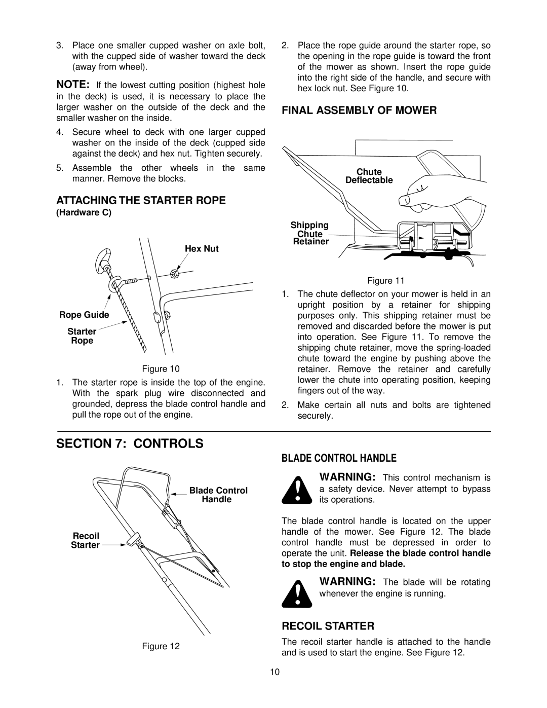 MTD 050 thru 062 manual Controls, Attaching the Starter Rope, Final Assembly of Mower, Blade Control Handle, Recoil Starter 