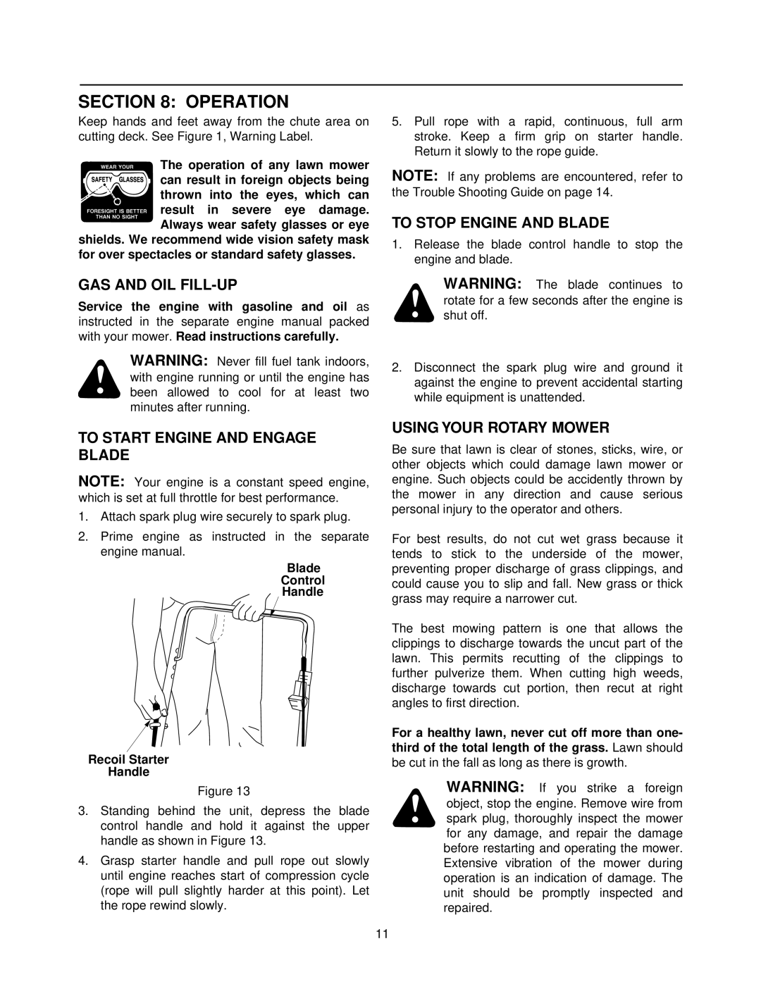 MTD 050 thru 062 manual Operation, GAS and OIL FILL-UP, To Stop Engine and Blade, To Start Engine and Engage Blade 