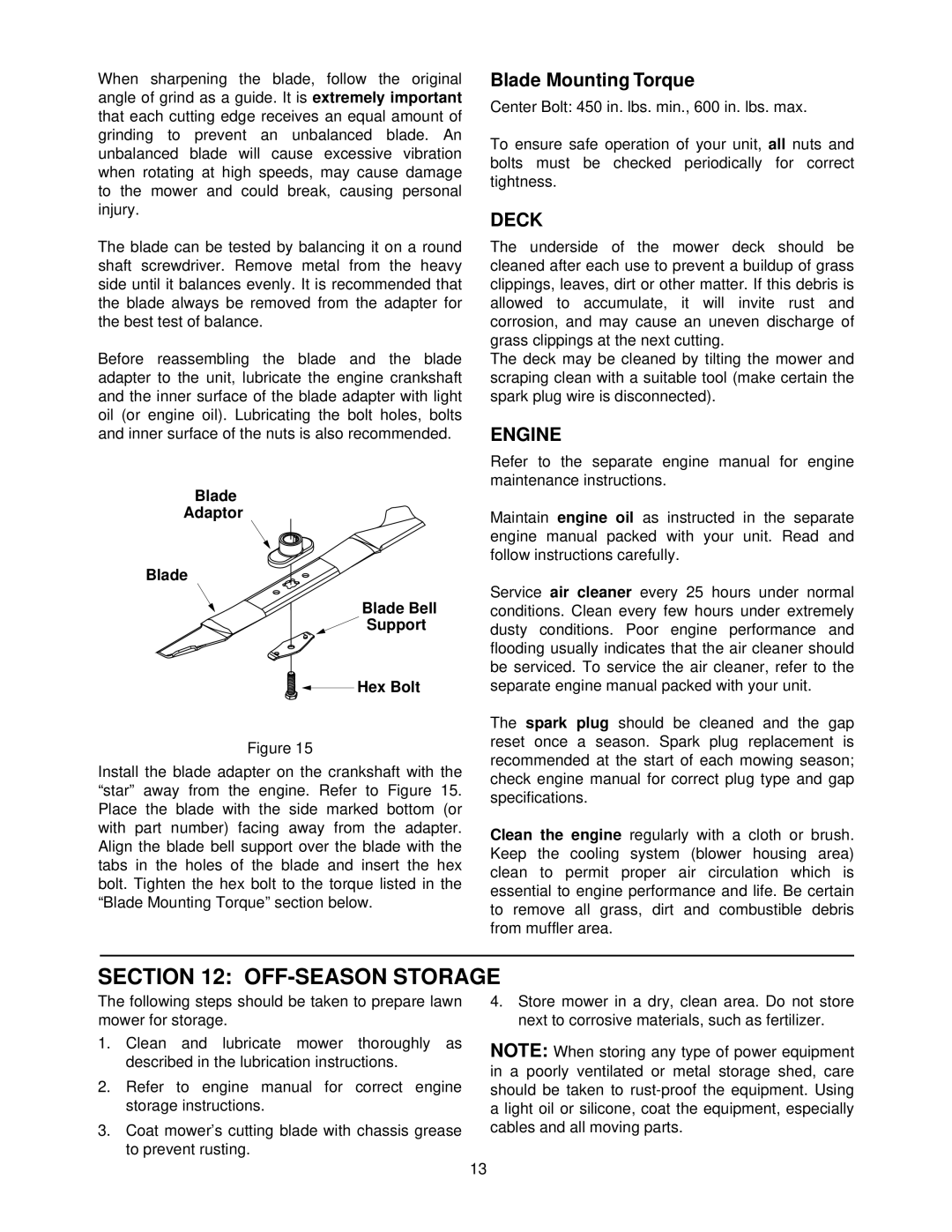 MTD 050 thru 062 manual OFF-SEASON Storage, Deck, Engine, Blade Adaptor Blade Bell Support Hex Bolt 