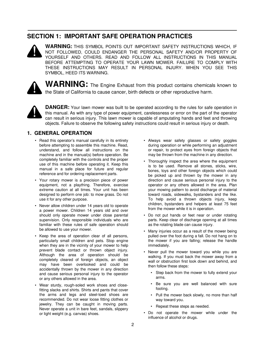 MTD 050 thru 062 manual Important Safe Operation Practices, General Operation 