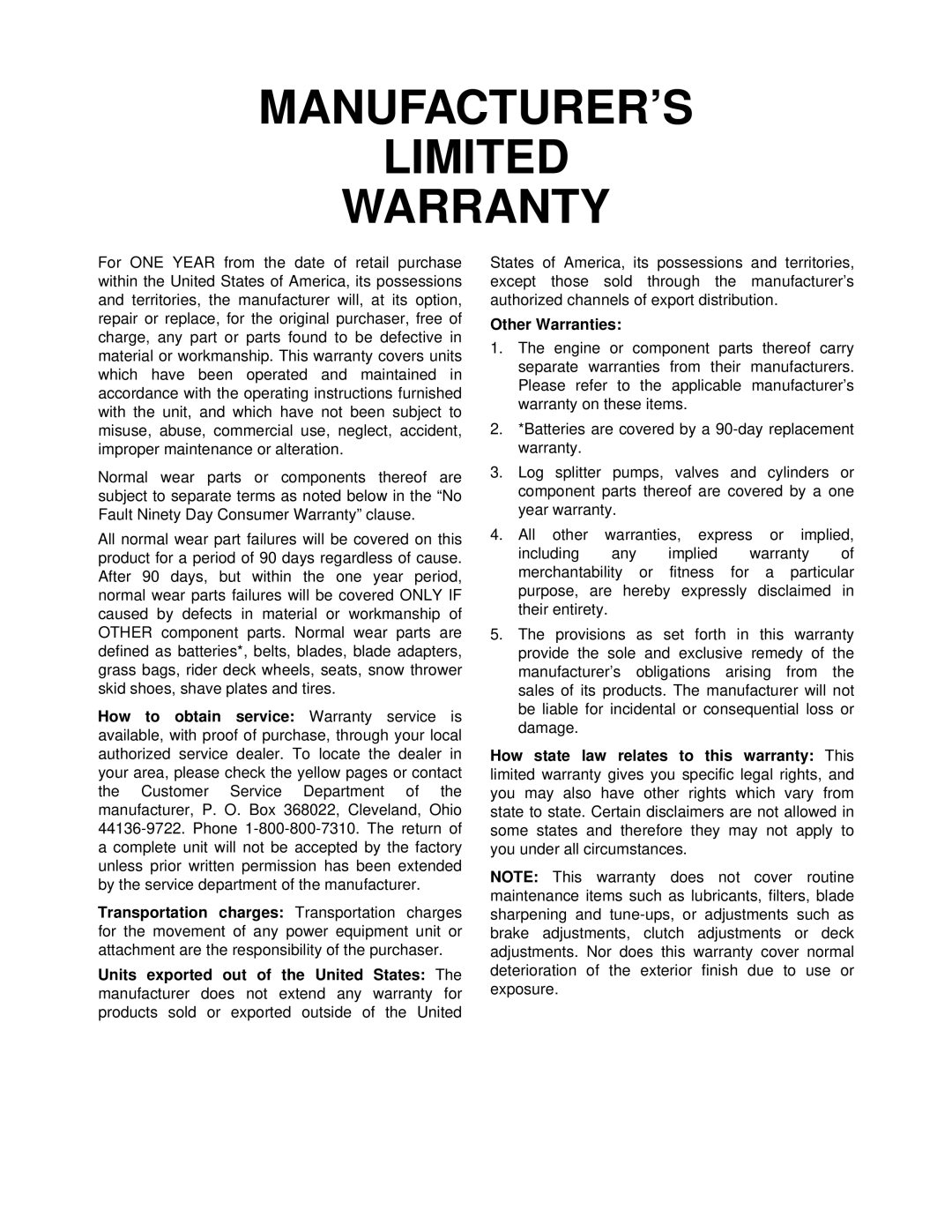 MTD 050 thru 062 manual MANUFACTURER’S Limited Warranty, Other Warranties 