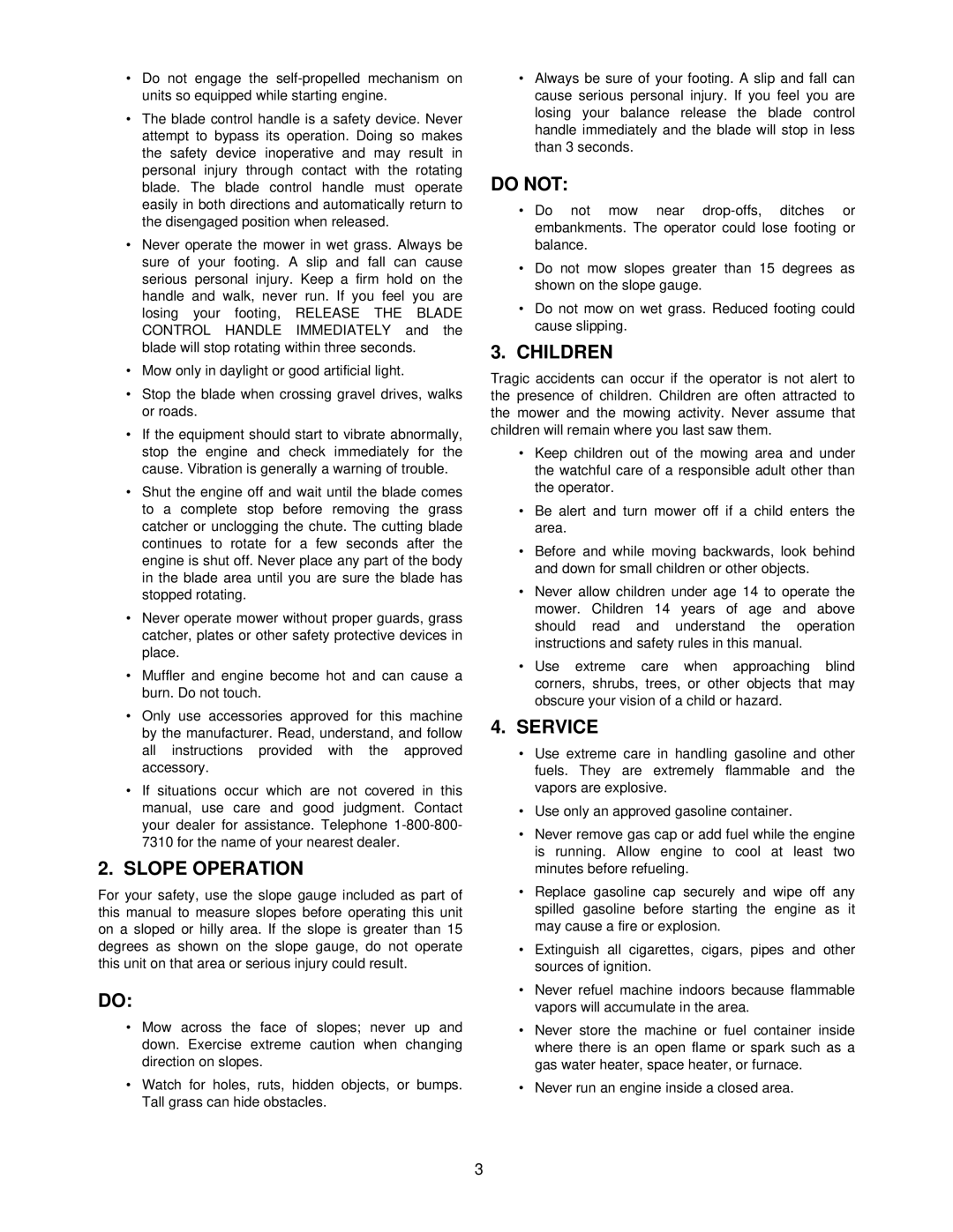 MTD 050 thru 062 manual Slope Operation, Do not, Children, Service 