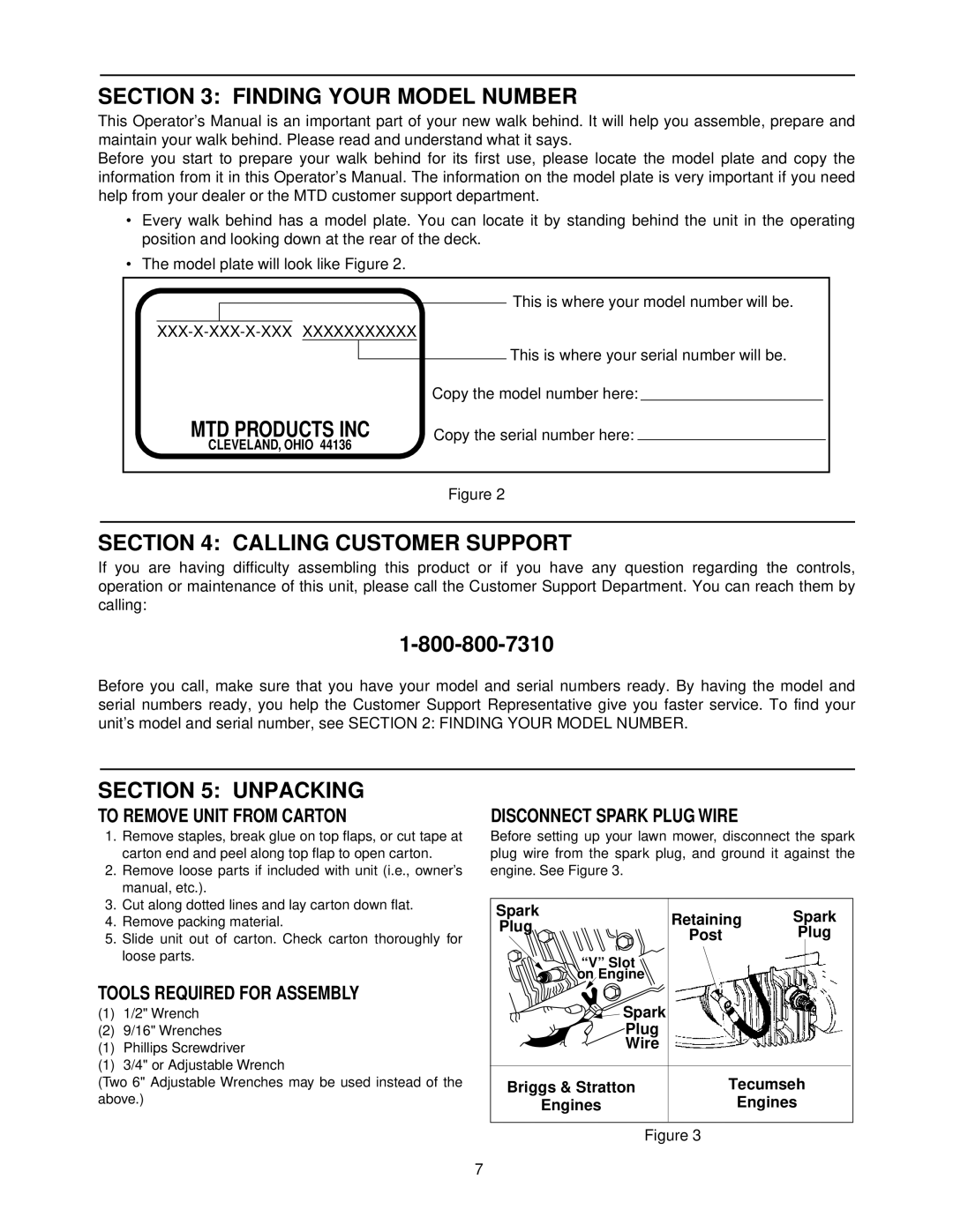 MTD 050 thru 062 manual Finding Your Model Number, MTD Products INC, Calling Customer Support, Unpacking 