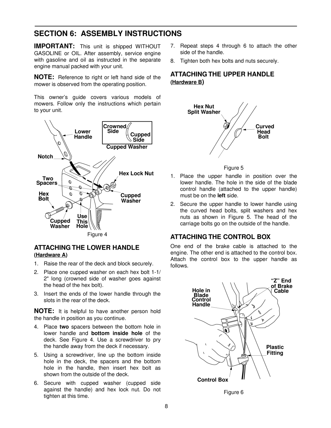 MTD 050 thru 062 Assembly Instructions, Attaching the Lower Handle, Attaching the Upper Handle, Attaching the Control BOX 