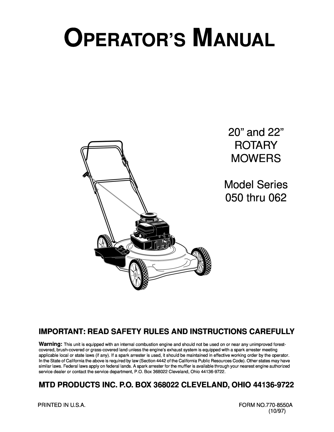 MTD 050 thru 062 manual Important Read Safety Rules And Instructions Carefully, Operator’S Manual 