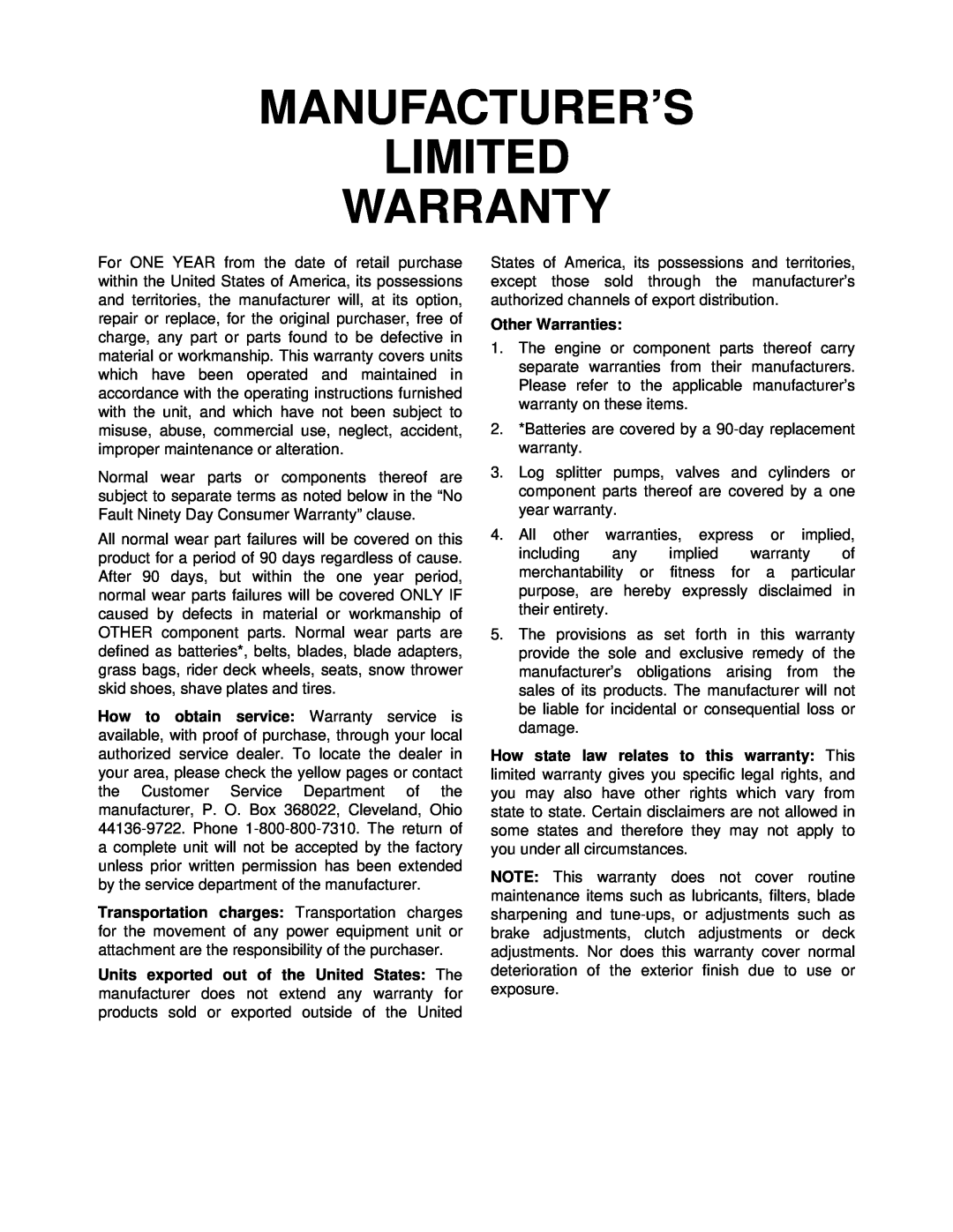 MTD 050 thru 062 manual Other Warranties, Manufacturer’S Limited Warranty 