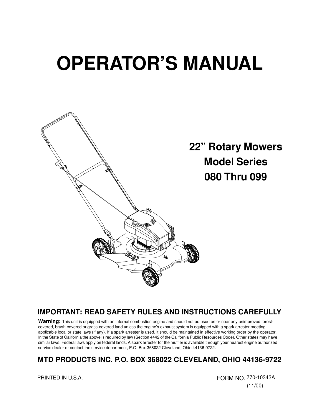 MTD 080 Thru 099 manual OPERATOR’S Manual 