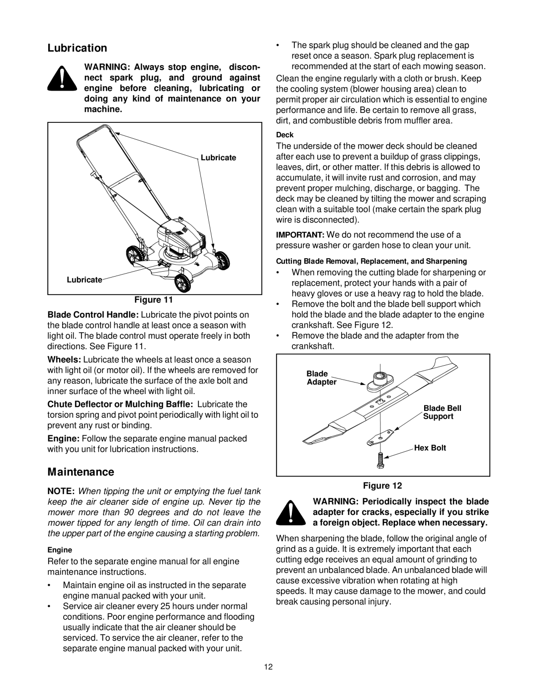 MTD 080 Thru 099 manual Lubrication, Maintenance, Deck, Cutting Blade Removal, Replacement, and Sharpening, Engine 