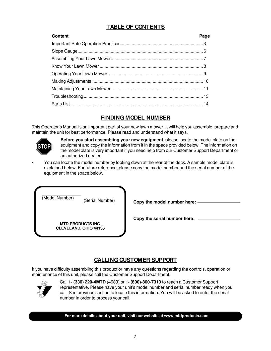 MTD 080 Thru 099 manual Table of Contents 