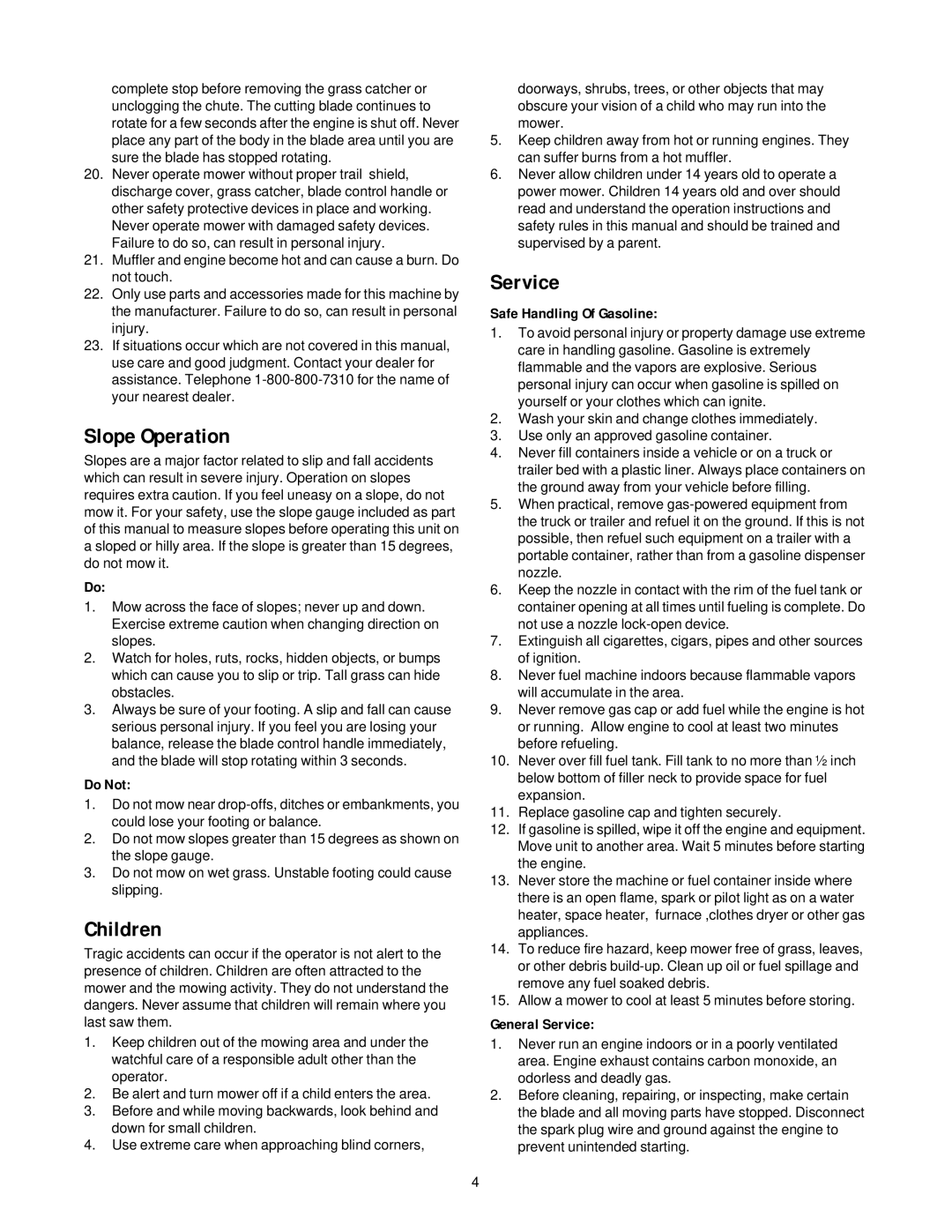 MTD 080 Thru 099 manual Slope Operation, Children, Service 