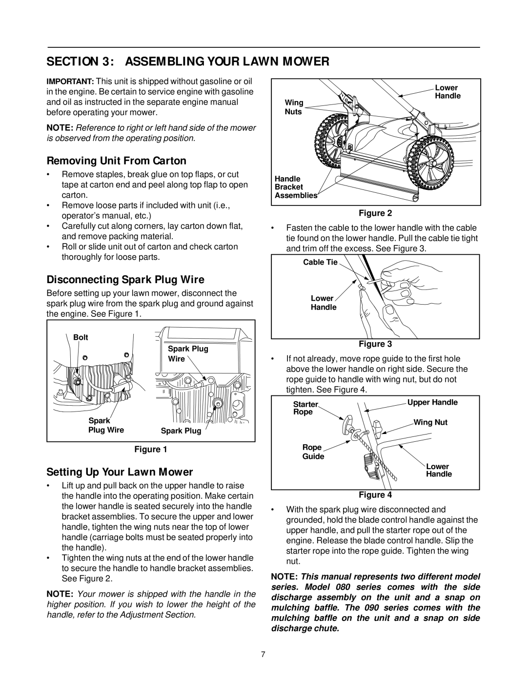 MTD 080 Thru 099 manual Assembling Your Lawn Mower, Removing Unit From Carton, Disconnecting Spark Plug Wire 