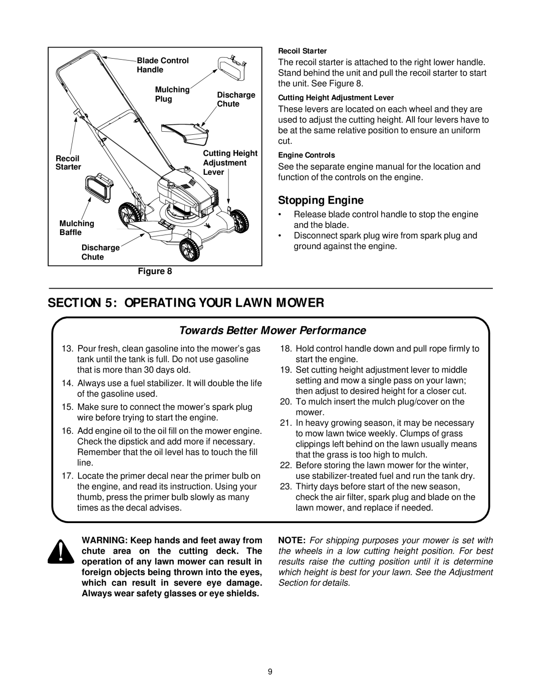 MTD 080 Thru 099 manual Operating Your Lawn Mower, Stopping Engine, Recoil Starter, Cutting Height Adjustment Lever 