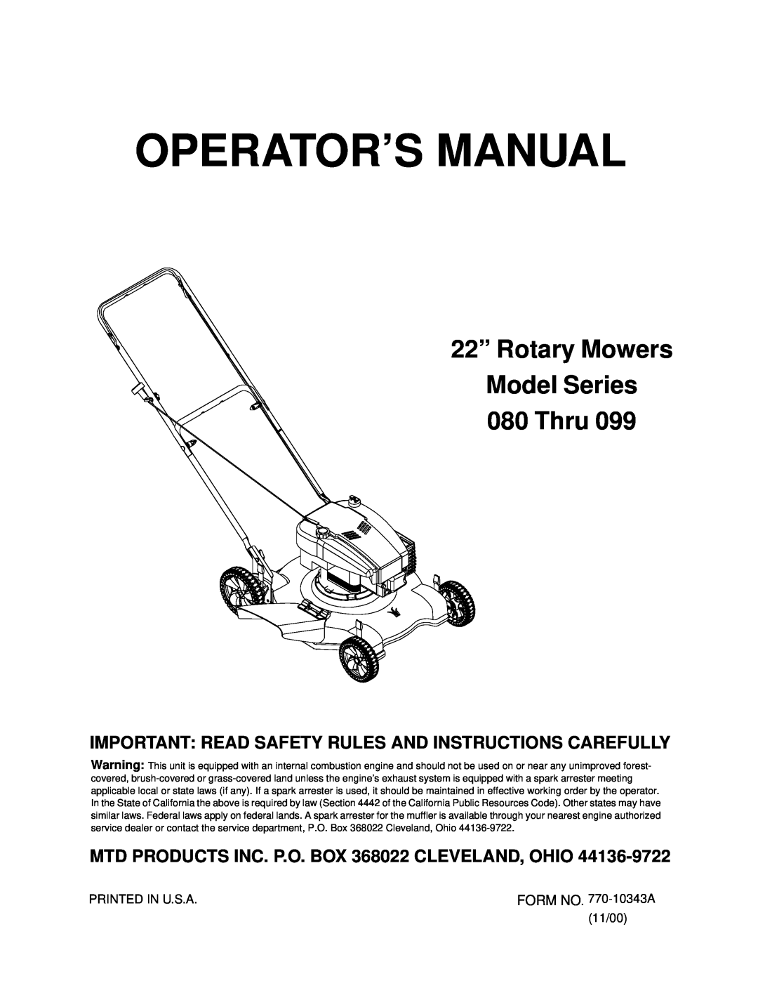 MTD 080 Thru 099 manual Operator’S Manual, 22” Rotary Mowers Model Series 080 Thru 