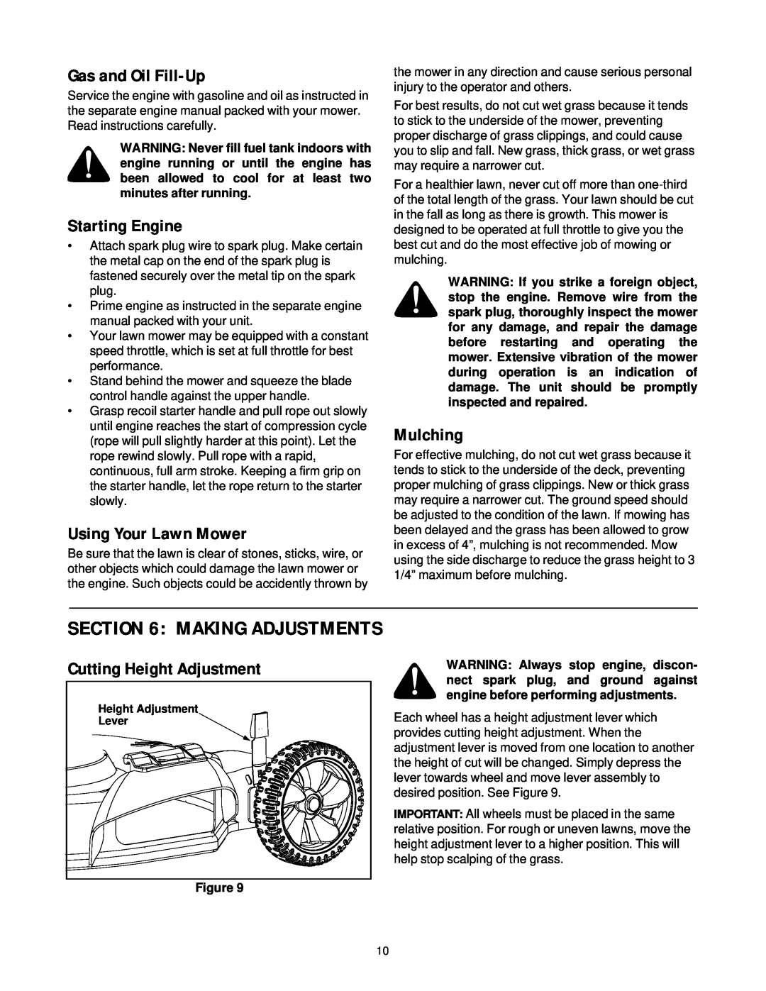 MTD 080 Thru 099 manual Making Adjustments, Gas and Oil Fill-Up, Starting Engine, Using Your Lawn Mower, Mulching 