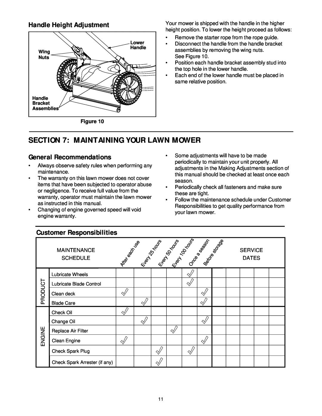 MTD 080 Thru 099 Maintaining Your Lawn Mower, Handle Height Adjustment, General Recommendations, Customer Responsibilities 