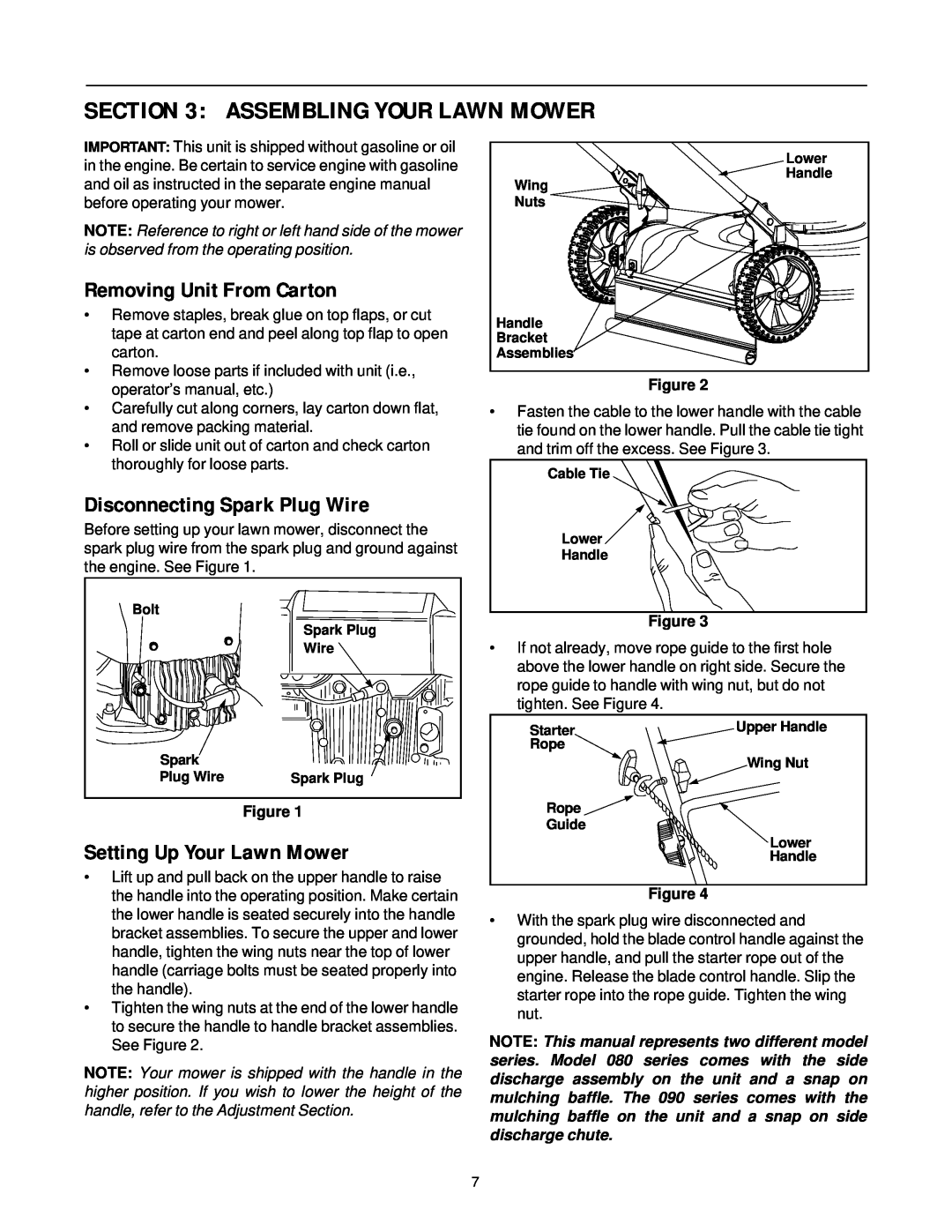 MTD 080 Thru 099 manual Assembling Your Lawn Mower, Removing Unit From Carton, Disconnecting Spark Plug Wire 
