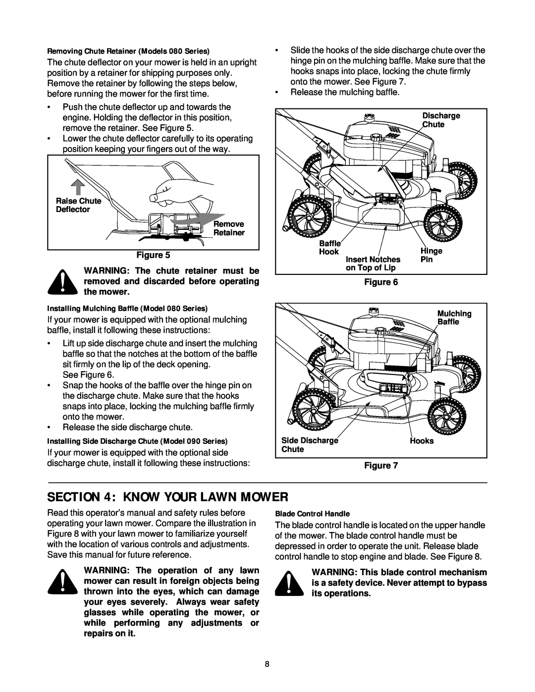 MTD 080 Thru 099 manual Know Your Lawn Mower, Removing Chute Retainer Models 080 Series, Blade Control Handle 