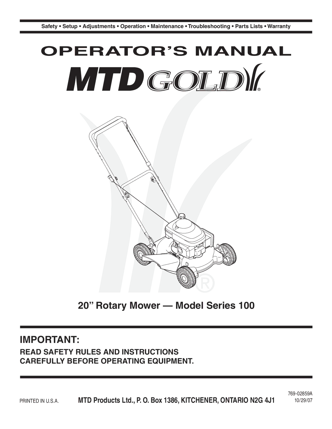 MTD 100 Series warranty OPERATOR’S Manual, Rotary Mower Model Series 