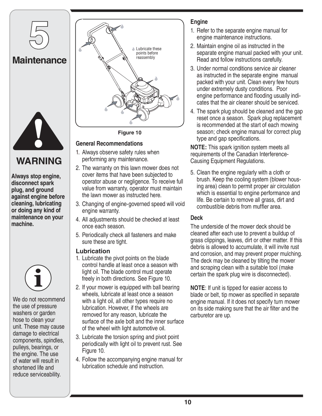 MTD 100 Series warranty Maintenance, General Recommendations, Lubrication, Engine, Deck 