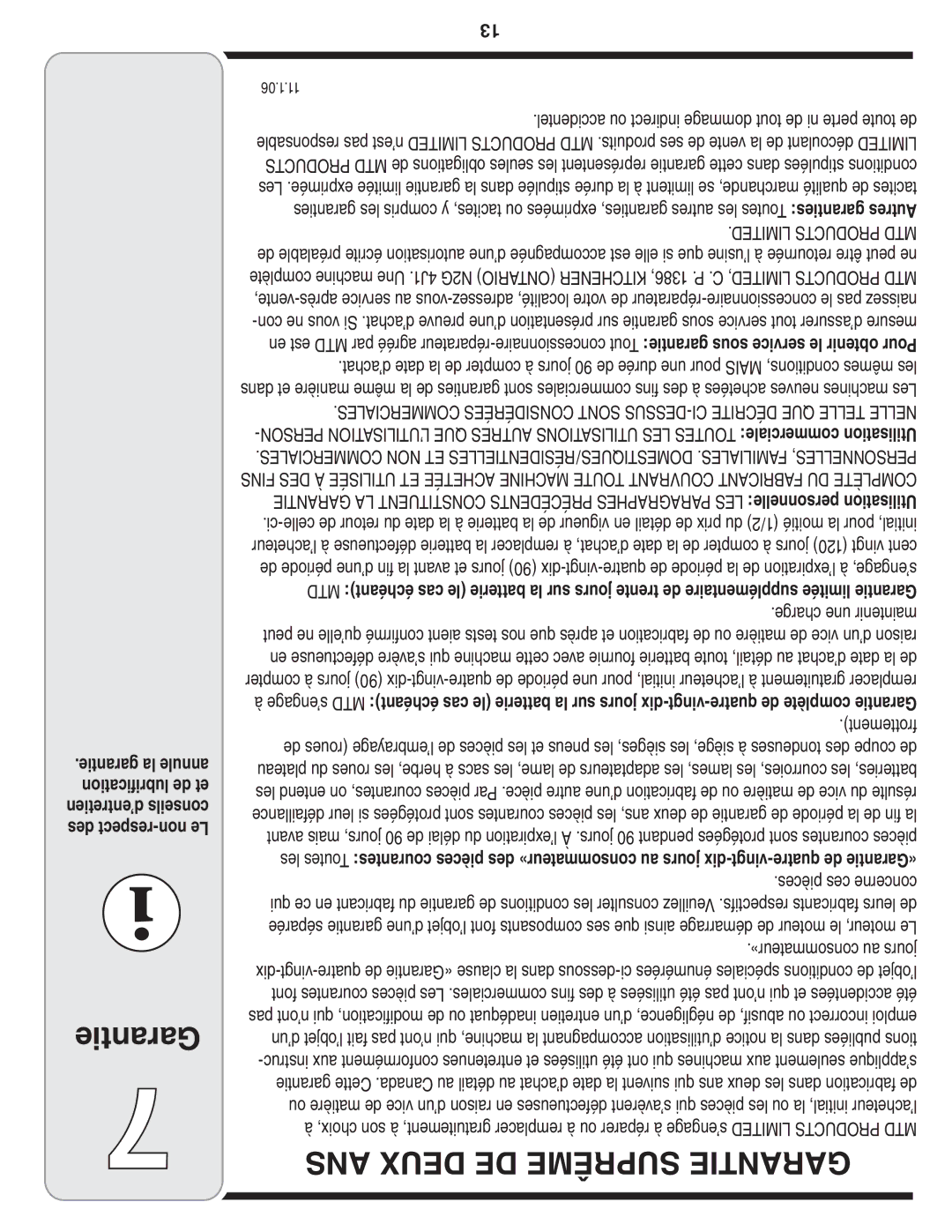 MTD 100 Series warranty Garantie, Frottement 