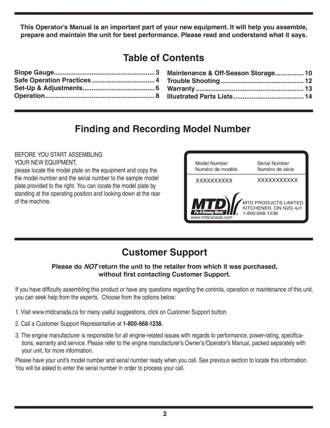 MTD 100 Series warranty Table of Contents, Finding and Recording Model Number, Customer Support 