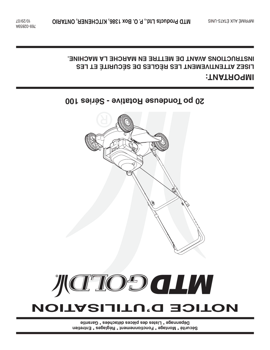 MTD 100 Series warranty ’UTILISATION Notice, Important 100 Séries Rotative Tondeuse po 