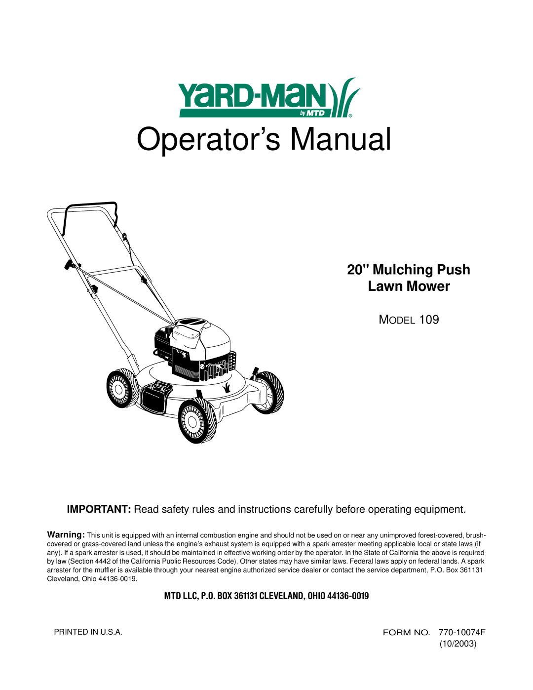 MTD 109 manual Operator’s Manual 