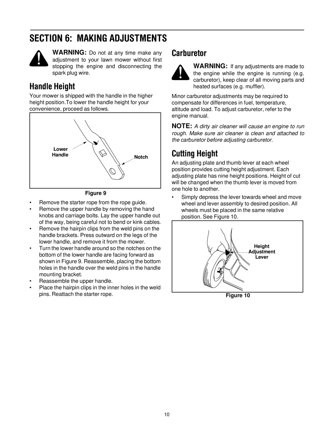 MTD 109 manual Handle Height, Carburetor, Cutting Height 