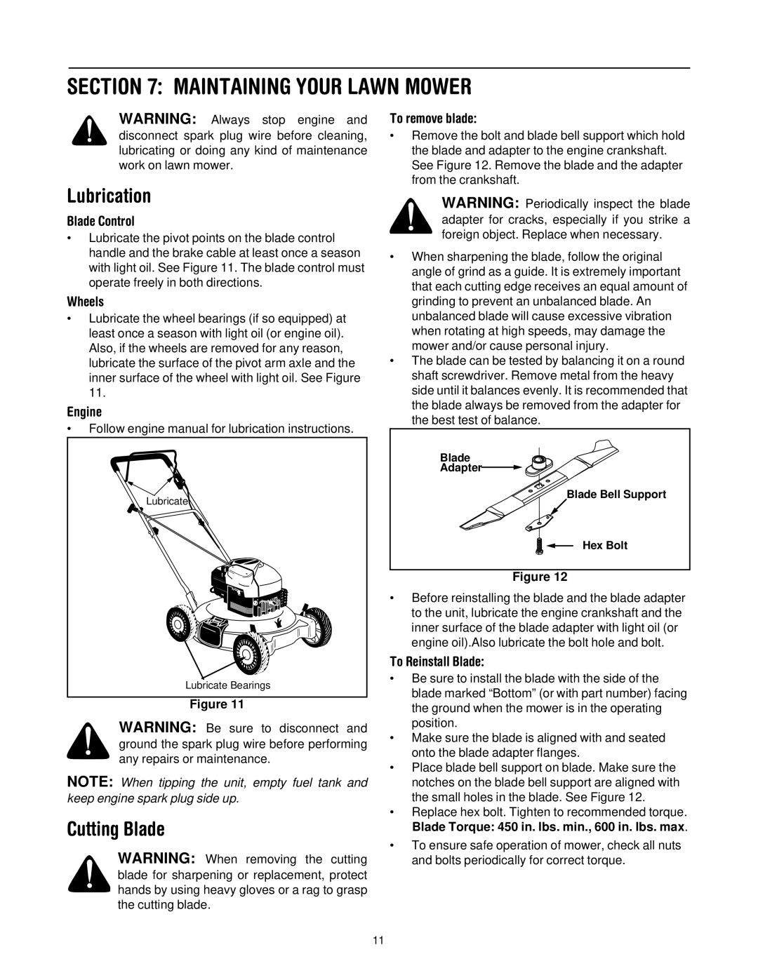 MTD 109 manual Maintaining Your Lawn Mower, Lubrication, Cutting Blade 